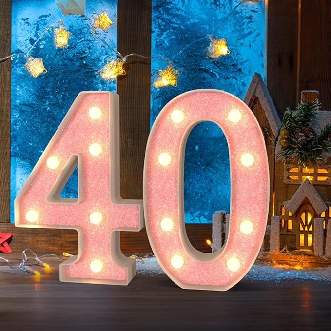 Marquee Numbers Light up Numbers, 0-9 Number Battery Powered LED Light, Pink Glitter Plastic Numbers for 40th Birthday Decorations, Number Decor for Graduation Engagement Wedding Birthday (Number 40)