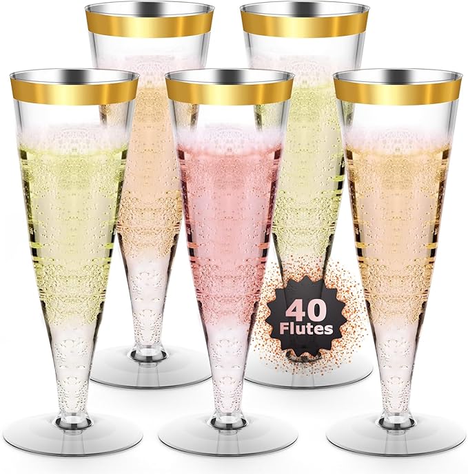 40 Pack Plastic Champagne Flutes Gold Rim Disposable Champagne Glasses, 4.5 Oz Mimosa Glasses Bulk Cocktail Toasting Cups for Party Supplies Wedding Bride Bar, Copas De Plastico Para Brindis