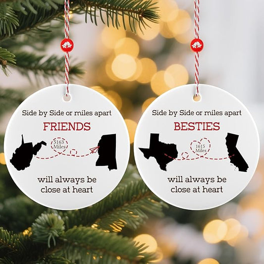 Personalized State Christmas Ornament - Custom Long Distance Gifts for Family Couple Friend Bestie, Customized 2025 Ornament for Those Miles Apart, Close at Heart - Any Two
