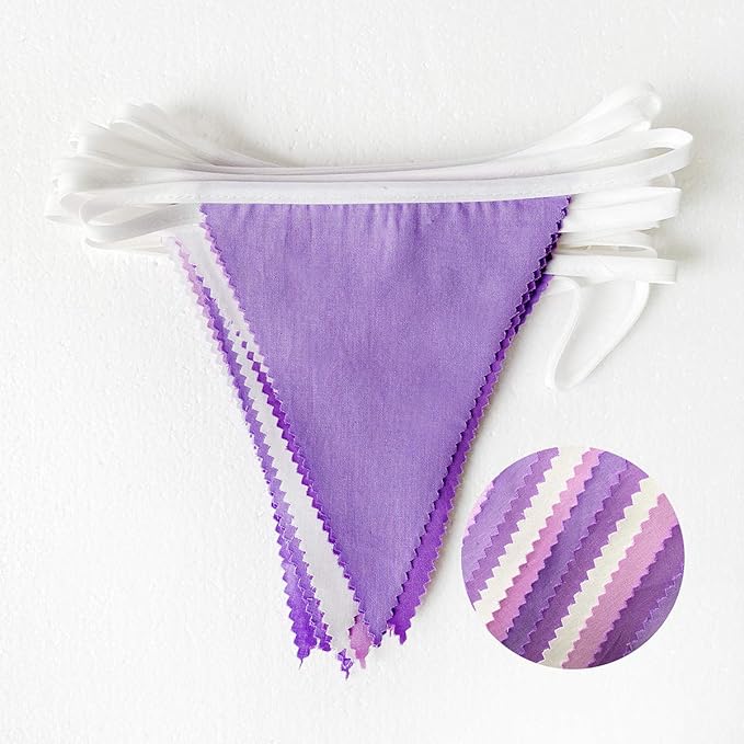 10M/32Ft Purple and White Pennant Banner Fabric Triangle Flag Cotton Cloth Bunting Garland Kit for Wedding Birthday Lavender Party Home Nursery Outdoor Garden Hanging Festivals Decoration (36Pcs)