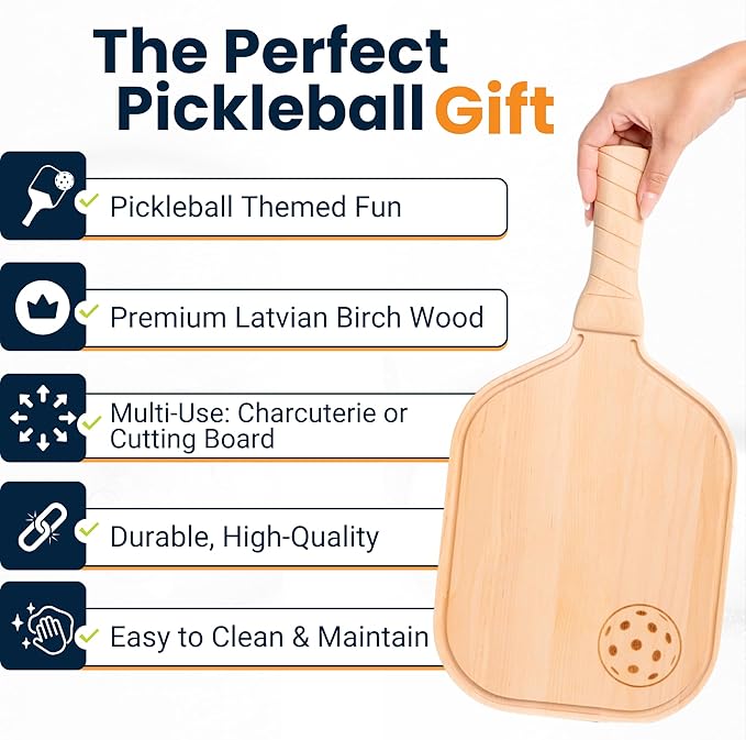 Pickleball Charcuterie & Cutting Board, Pickleball Gift, Partner Size - 17 x 8.5 x 0.75”, Birch Wood, Paddle Shape with Handle, Mineral Oil Finish
