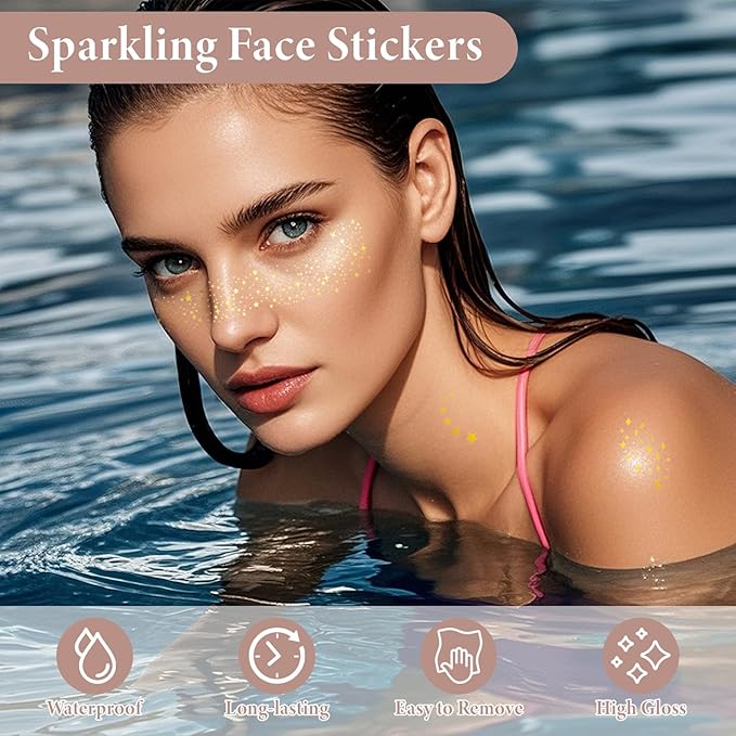 16 PCS Face Glitter, Gold Face Tattoos Stickers, Temporary Body Face Glitter, Makeup Patches for Women Girls Music Festival, Carnival Party, Halloween
