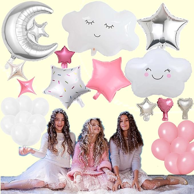 47 Pieces Sleepover Party Decoration Pink Sleepover Birthday Party Balloons Banner Cute Moon Star for Girls Pajamas Slumber Night Out Party Decoration (Pink)