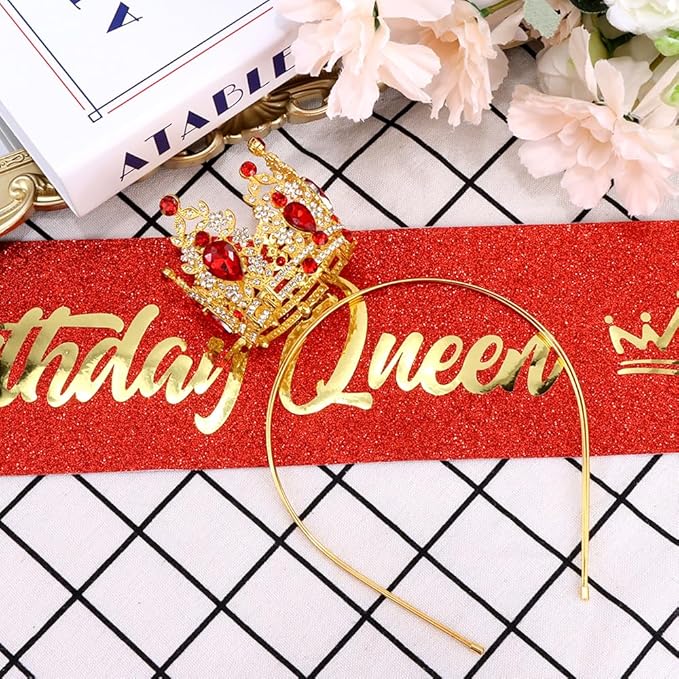 Birthday Queen Sash for Women Tiara & Crowns Headbands for Girls Happy Birthday Party Accessories Favor Supllies Leona Gold Red Pink, 2 Pack