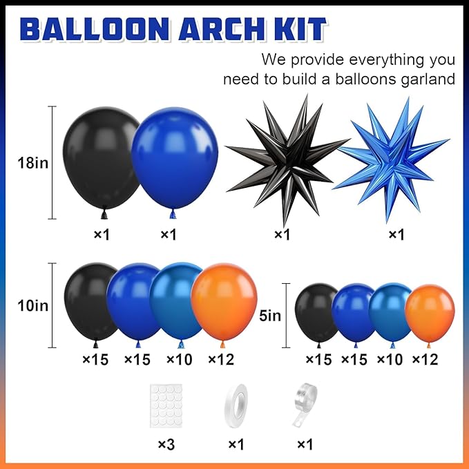 Black Orange Blue Balloon Arch Kit,Royal Blue Black Balloon Garland with Star Foil Balloons for Birthday Graduation Basketball Party Decorations