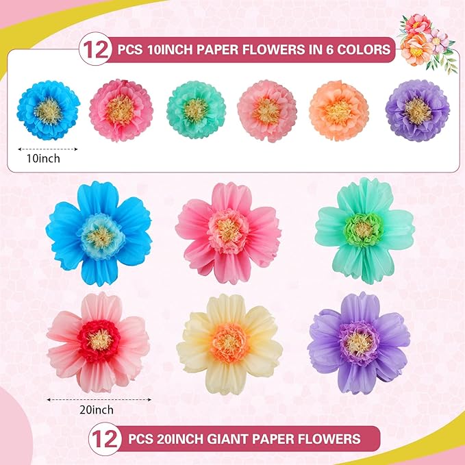 Crowye 24 Pcs Large Colorful Tissue Paper Flowers Decorations 20" Giant Fiesta Crepe Paper Flowers for Wall Decor Backdrop Mexican Wedding Birthday Baby Shower Carnival Party Craft (Colorful)