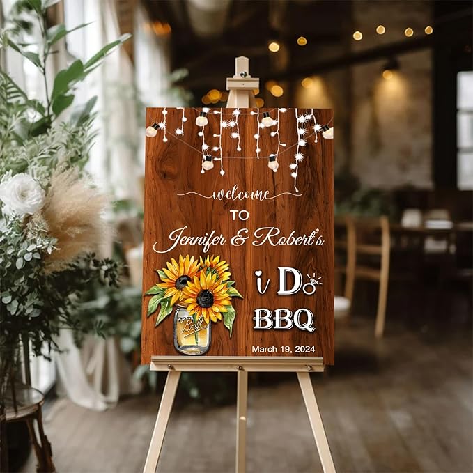 I Do BBQ Couples Shower Welcome Sign - Sunflowers Faux Wood Decoration for Barbeque