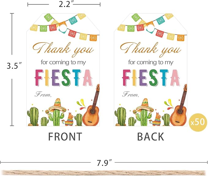 Aukolass 50PCS Fiesta Gift Tags, Thank You Tags for Mexican Themed Party Favors and Taco Bout a Baby Party Decorations-Double-sided (White)
