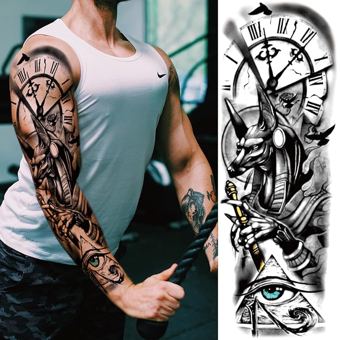 Greek Warrior Temporary Tattoo Sleeve for Men, 4-Sheet Full Arm Large Realistic Poseidon Knight Fake Tattoo Sleeve Adult Women and 4-Sheet Black Eye Greek Myth Half Arm Temp Tatoo Sticker Leg Body Art