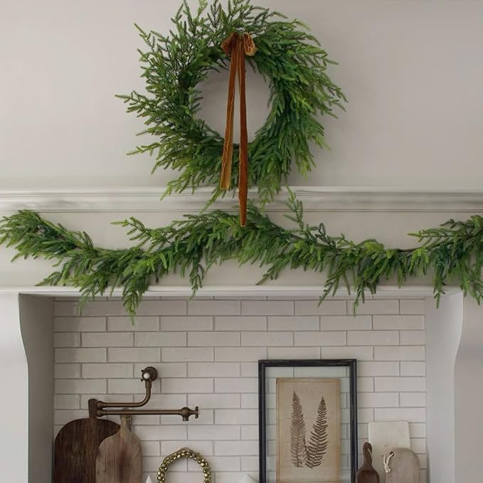 2pcs Christmas Norfolk Pine Garland, Real Touch Artificial Greenery Garland for Holiday Mantle Table Wall Fireplace Windows Indoor Outdoor Home Decorations(2, 6FT)