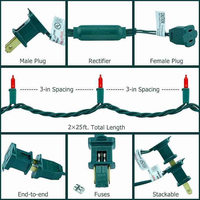 YULETIME Red LED Christmas Lights 200 Count 50 ft, Pack of 2 Strands 25 ft 100 Lights UL Certified String Light Set (Red)