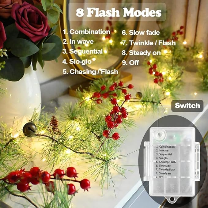 2Pack Christmas Garland with LED Fairy Lights 13FT Battery Operated Smokey Pine Garlands with 8 Flash Modes and Timer Red Berries Bells Pine Cones Green Garland Rustic Garlands for Xmas Holiday Home