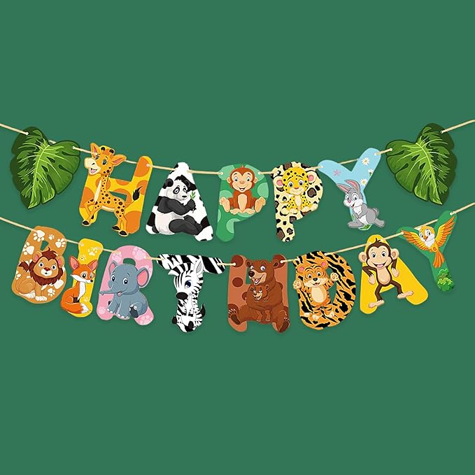 Safari Animal Birthday Banner, Jungle Theme Party Decorations, Zoo Party Supplies for Kids