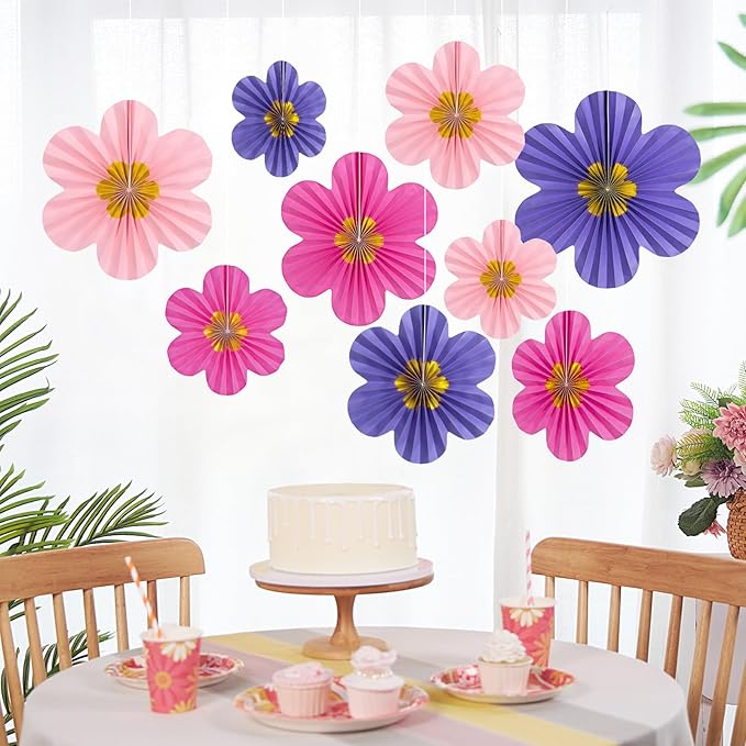 9 PCS Paper Fans Decorations, Pink and Purple Birthday Decorations, Paper Flowers, Classroom Decoration