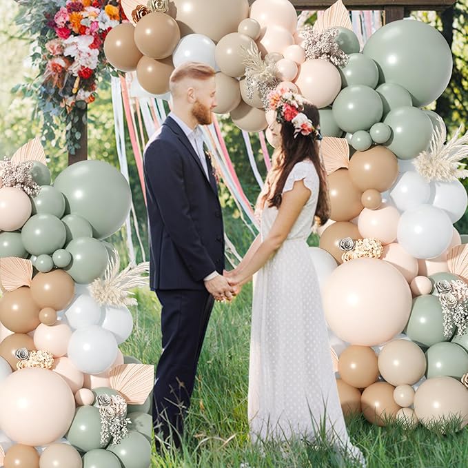 Dusty Green Nude Balloon Arch Kit, Double Stuffed Blush Brown Cream Sand White Balloon Garland Neutral Apricot Matte Latex Balloons for Baby Shower Wedding Birthday Gender Reveal Party Decoration