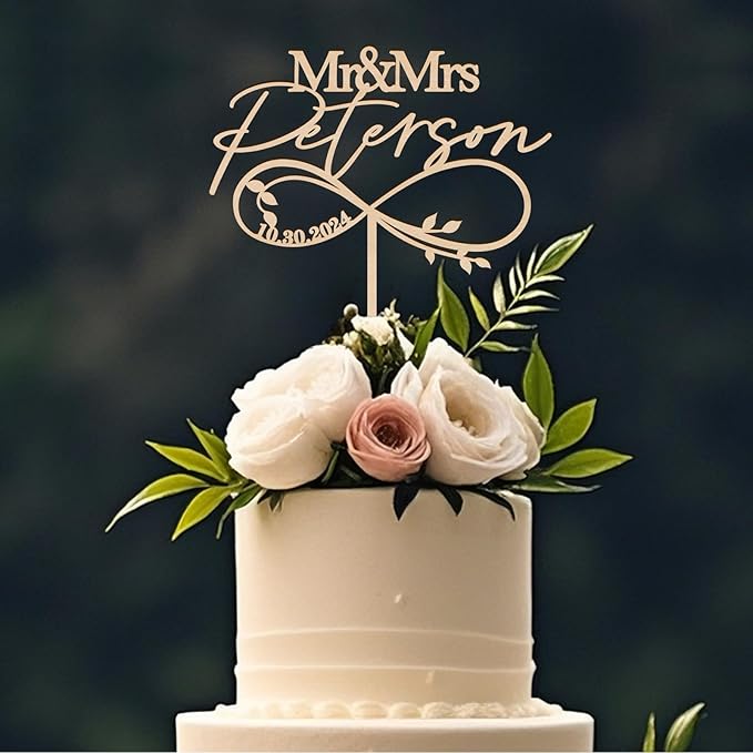 Mr & Mrs Wedding Cake Topper Personalized Bride & Groom's Last Name and Date Customized Wedding Anniversary Cake Decoration Leaves Infinity in Wood