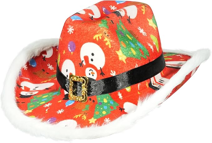 Christmas Cowgirl Santa Hat Wide Brim Felt with Feather and Belt Buckle Cowboy Fedora Hat Featuring Christmas Tree Snowman Reindeer Snowflake Multicolor