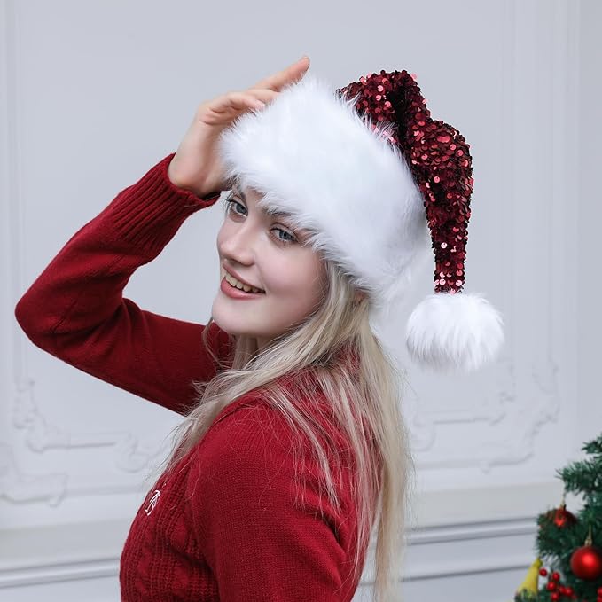 Personalized Sequin Santa Hat for Adults, Red Glitter Christmas Party Hat, Xmas Halloween New Year Holiday Headwear