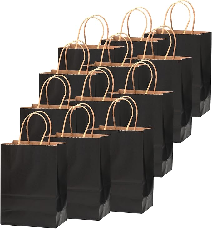 qiqee 200-Packs Black Paper Gift Bags with Handles Bulk 8.3"x6"x3.15" Small Size Paper Bags Multiple Uses