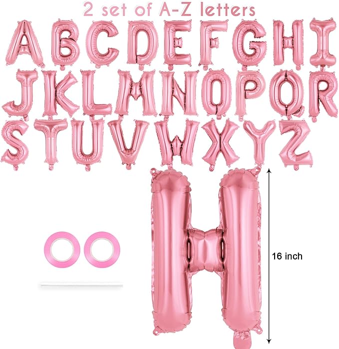 52 Pcs Pink Letter Balloons,16 Inch Foil Alphabet Letter Balloons,Letter A-Z Balloon Banner Custom Phrase Balloon for Birthday Party Wedding Anniversary Decoration (Pink 52pcs)
