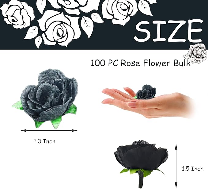 100pcs Black Roses Artificial Flowers Bulk 1.3 Inch Fake Mini Back Rose Heads Silk Black Roses for Decor DIY Crafts Wedding Party Home Decor ﻿