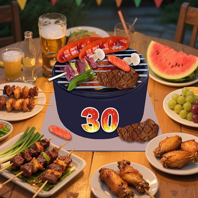 9 PCS BBQ Cake Topper Happy 30 Birthday Barbecue Decorations with Artificial Kebab and Hot Dog for Boys Girls Birthday Party Picnic Camping BBQ Theme Party Supplies