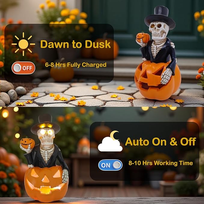Halloween Solar Skeleton Pumpkin Lights Decor, Led Jack-O-Lantern Pumpkin Skulls Statue Figurine Light for Outside Garden Yard Porch Halloween Party & Home Indoor Outdoor Decorations