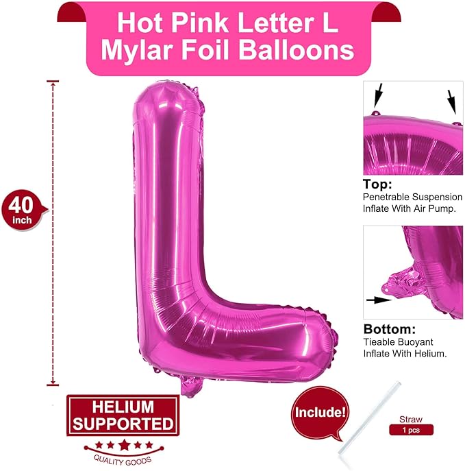 Lovoir 40 Inch Large Hot Pink Letter L Balloons Big Size Jumbo Mylar Foil Helium Balloon for Birthday Party Celebration Decorations Alphabet Hot Pink L