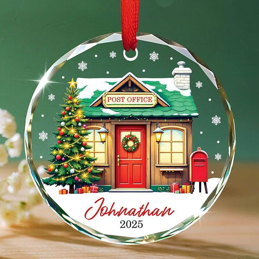 Post Office Personalized Christmas Glass Ornament, 2025 Christmas Ornament Gift for Postal Worker Mail Carrier, Custom Name & Year Mailman Xmas Ornament Keepsake, Post Office Ornaments for Xmas Tree