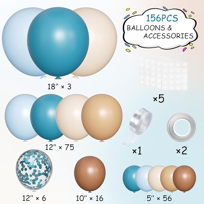 Boho Brown and Blue Balloon Garland Arch Kit, 156Pcs Light Ocean Blue Caramel Brown White Sand Nude Balloons for Birthday Gender Reveal Baby Bridal Shower Wedding Party
