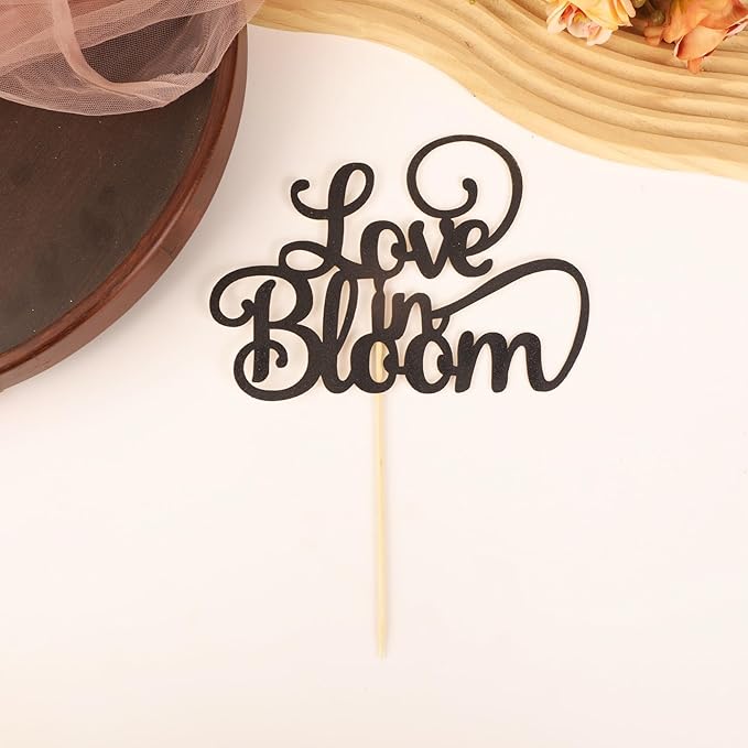 Love in Bloom Cake Topper - Glitter Black Bridal Shower Cake Decoration, Wedding & Engagement Cake Pick (Black)
