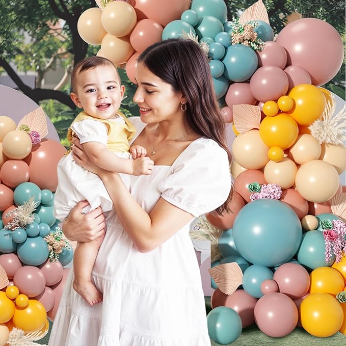 Rainbow Balloons Arch Garland Kit, Dusty Blue Blush Pink Balloon Retro Mustard Yellow Slate Blue Balloon Assorted Colorful Balloons for Baby Shower Boho Birthday Decorations