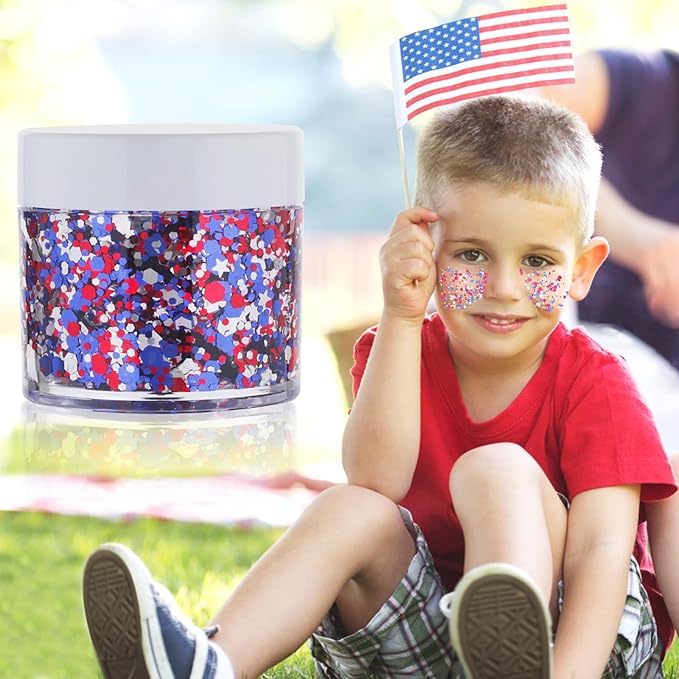 Red White Blue Patriotic Face Glitter & USA Star Headband Set,4th of July Hair Glitter Accessories,Blue Body Glitter Makeup,Fourth of July Outfits for Women Girls Kids
