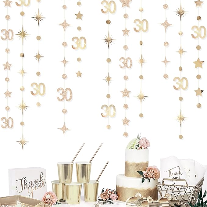 Champagne Gold 30th Birthday Decorations Number 30 Circle Dot Twinkle Star Garland Streamer Banner Backdrop for Womens Cheers to 30 Years Old Dirty Thirty Happy 30th Anniversary Party Supplies
