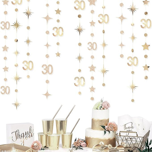 Champagne Gold 30th Birthday Decorations Number 30 Circle Dot Twinkle Star Garland Streamer Banner Backdrop for Womens Cheers to 30 Years Old Dirty Thirty Happy 30th Anniversary Party Supplies