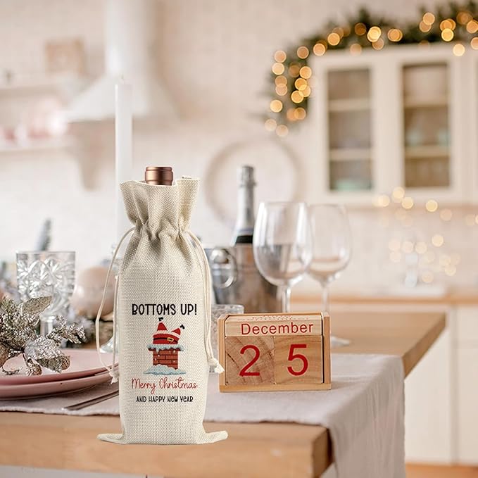Funny Christmas Wine Bags for Wine Bottles Gifts Christmas Wine Bottle Cover Drawstring Gift Bags Bottoms Up Burlap Wine Bag for Xmas Birthday Holiday Wedding Housewarming Party Decorations