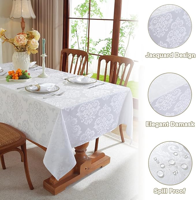 Damask White Tablecloth Rectangle 60 x 120 Inch, Floral Jacquard Spill Proof Wrinkle Free Polyester Table Cloth, Soft Table Cover for Dinner/Party/Indoor/Outdoor, Oblong 10-12 Seats