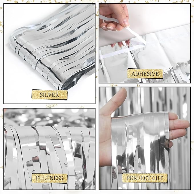 LOLStar 10 Pack Silver Party Decorations 3.3x6.6 ft Silver Foil Fringe Curtains Tinsel Backdrop Photo Booth Prop Streamer for Engagement Wedding, Birthday, Bridal Shower Disco Bachelorette Party Decor