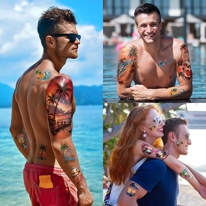 77 Sheets Temporary Tattoo for Women and Men, 17 Sheets Half Arm Beach Flower Skull Sunset Fake Tattoos, 60 Sheets Holiday Ocean Tiny for Adults Kids Body Tattoos Stickers Waterproof Realistic