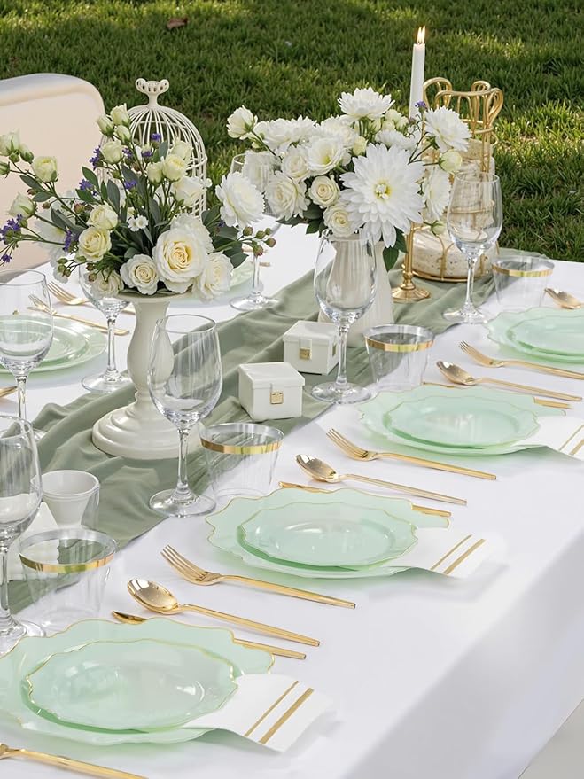 WDF 175Pcs Sage Green Plastic Plates With Gold Rim - Disposable Sage Green Plates 25guest Disposable Dinnerware Ideal for Party/Wedding/Spring Party