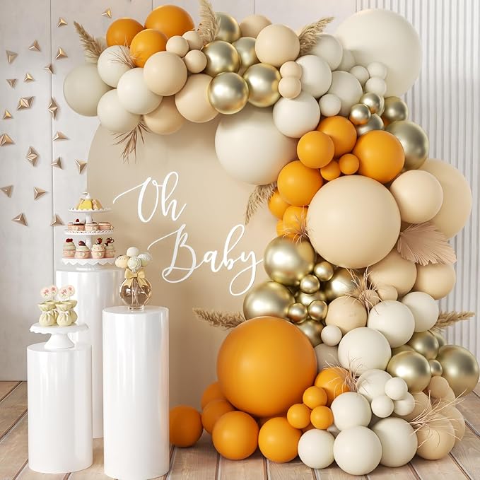 Orange White Nude Gold Balloon Arch Kit, 166Pcs Dusty Orange White Sand Metallic Gold and Nude Balloons for Birthday Party Baby Shower Bridal Shower Wedding Decorations