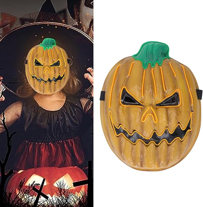 LED Pumpkin Face Cover, Adjustable Glowing PVC Facial Mask with 3 Light Modes and Battery Box, for Halloween Party Cosplay Stage Performance