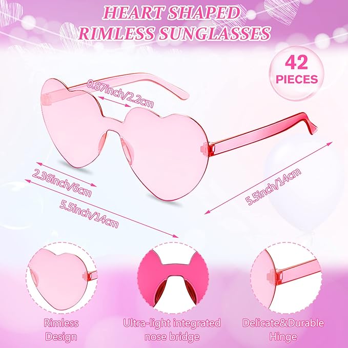 Flutesan 42 Pairs Heart Shaped Sunglasses Bulk for Women Cute Y2k Trendy Rimless Transparent Heart Glasses for Party Favor