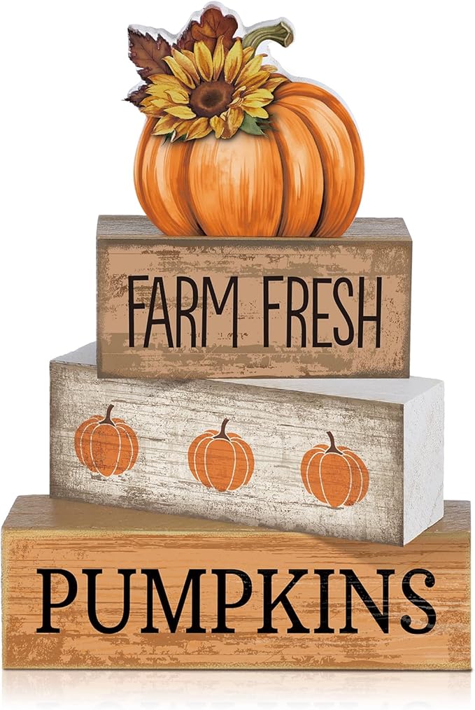 4 Pcs Thanksgiving Pumpkin Decor Fall Table Decoration Fall Tiered Tray Decor Thanksgiving Centerpiece Rustic Decorative Pumpkin Block Signs Farmhouse Harvest Decoration for Home Kitchen