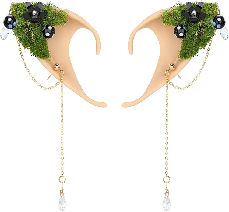 FRESHME Forest Mushroom Elf Ears, Soft Fairy Ears with Mushroom Moss and Flower Elven Ear Cuffs Halloween Renaissance Cosplay