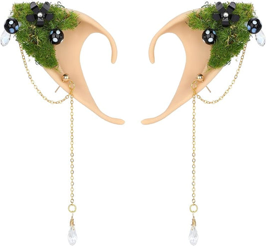 FRESHME Forest Mushroom Elf Ears, Soft Fairy Ears with Mushroom Moss and Flower Elven Ear Cuffs Halloween Renaissance Cosplay