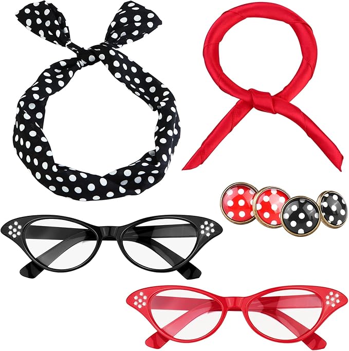 Aneco 6 Pack 50s Set Chiffon Scarf Cat Eye Glasses Bandana Tie Headband Earrings