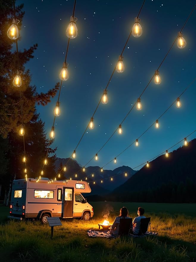 luckystyle 50FT Solar String Lights Outdoor Waterproof with 18+1 LED Bulbs Long Last for 20+Hrs, Commercial Grade Shatterproof USB Patio Solar Powered Lights for Camping，Backyard, Garden, Porch Decor
