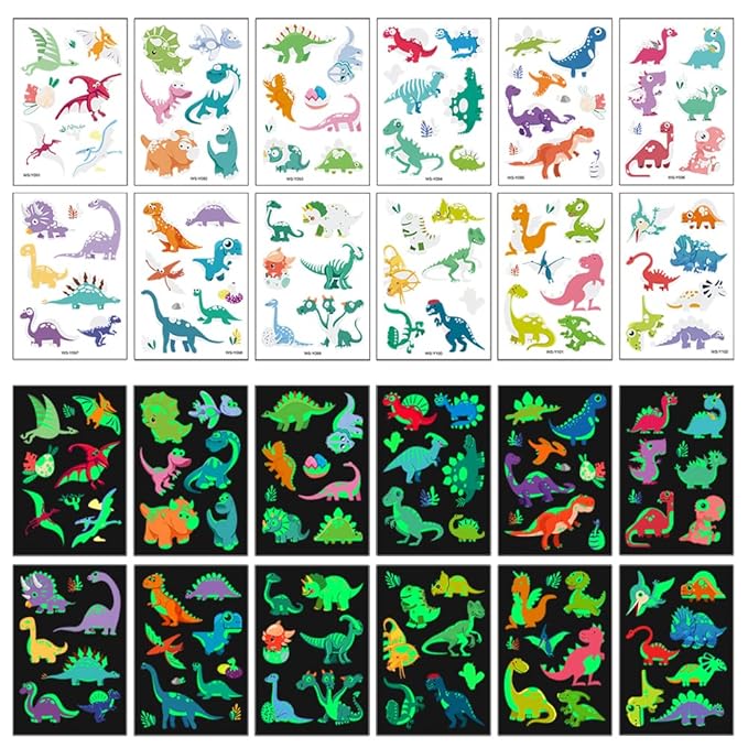 Dinosaur Glow Temporary Tattoos for Kids,Dinosaur theme Luminous Tattoos Stickers,Glow In The Dark Tattoos for Boys and Girls,Face Makeup Fake Tattoo,Holiday Party Supplies Gifts for Children