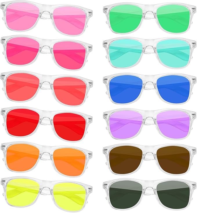 SUNOVELTIES 12/24 Pack Neon Party Sunglasses Mirrored/Jelly Lens Bulk Glasses Horn Rimmed Eyewear for Men Women